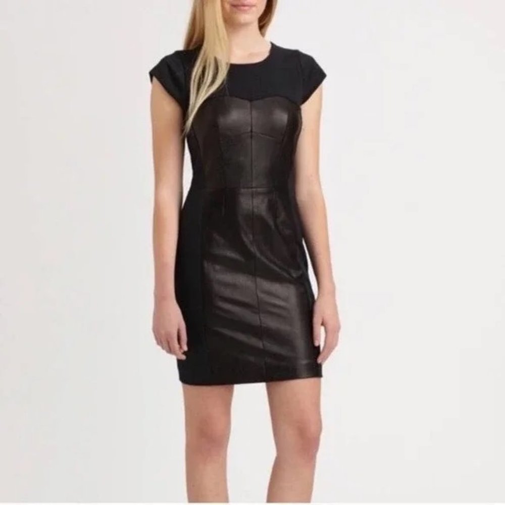Rebecca Taylor Lamb Leather & Knit Bustier Dress Women Size 6 Black